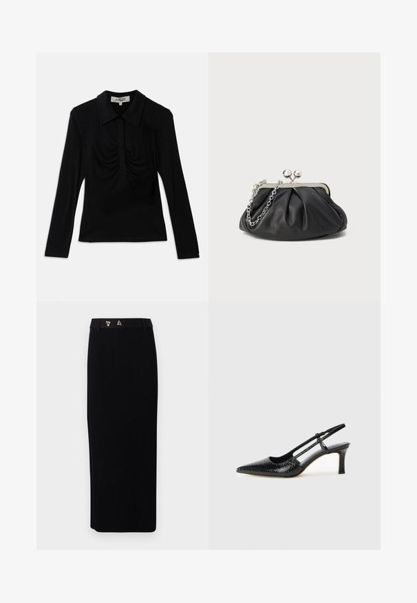 Top negro de manga larga con cuello, que cuenta con una fila de botones y detalles fruncidos en la parte delantera. Tejido suave con un diseño ajustado.; AERON FORUM - Falda de tubo - black; Tacón slingback negro de charol con punta afilada, que presenta un estampado de serpiente texturizado, correa ajustable y un tacón bloque corto y texturizado.; Clutch de cuero negro con textura arrugada, marco de metal en tono plateado, cierre de beso y cadena para colgar. Superficie suave y lisa.