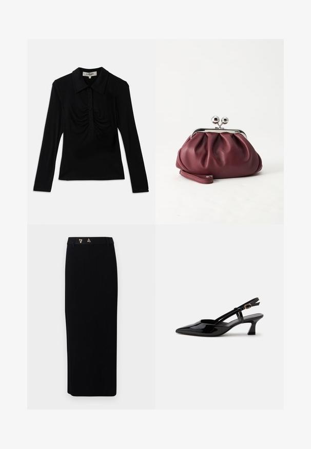 Schwarzes Langarmoberteil mit Kragen, ausgestattet mit einer Knopfleiste und gerafften Details an der Vorderseite. Glattes Material mit tailliertem Design.; AERON FORUM - Bleistiftrock - black; Schwarzer Slingback-Pumps aus Lackleder mit spitzer Spitze und verstellbarem goldfarbenem Riemen auf weißem Hintergrund.; Kleine burgunderrote Lederclutch mit silbernem Metallverschluss und Handgelenksriemen auf weißem Hintergrund.