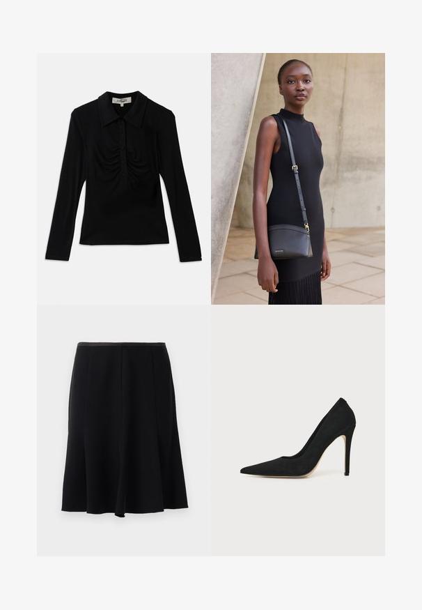 Haut noir à manches longues avec col, présentant une patte de boutonnage et des détails froncés à l'avant. Tissu doux avec une coupe ajustée.; Jupe noire en A avec une texture lisse, dotée d'une taille et d'un design plissé pour un mouvement fluide. Pas d'accents ou de motifs visibles.; Escarpin stiletto noir à talon haut avec bout pointu et texture lisse, présenté de profil sur un fond clair uni.; Jeune femme en robe noire sans manches portant un sac bandoulière en cuir noir, debout contre un mur en béton clair.