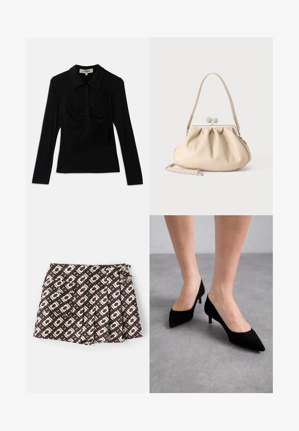 Zwarte lange mouwen top met een kraag, voorzien van een knoopsluiting en geraffineerde details aan de voorkant. Gladde stof met een aansluitend ontwerp.; Gemerkt shorts met een bruin en crème geometrisch patroon, twee zijzakken en gouden hardware accenten. De stof heeft een gladde textuur.; Zwarte suède pump met spitse neus en een slanke, klassieke middelhoge hak en brede opening, afgebeeld op blote voeten tegen een grijze achtergrond.; Beige zachte leren handtas met een zilveren metalen frame sluiting, een enkele schouderriem en een optionele kettingriem op een witte achtergrond.