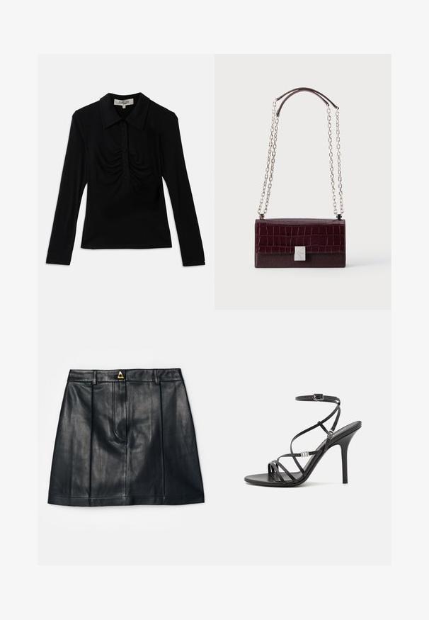 Haut noir à manches longues avec col, présentant une patte de boutonnage et des détails froncés à l'avant. Tissu doux avec une coupe ajustée.; AERON RUDENS SKIRT - Jupe trapèze - black; Sandale noire à talons hauts avec des brides fines, une boucle à la cheville, une surface en cuir lisse et un talon aiguille élancé.; Sac à main rectangulaire bordeaux foncé avec rabat à texture crocodile, fermoir rectangulaire argenté, et doubles bandoulières chaîne argentées avec repose-épaules en cuir.