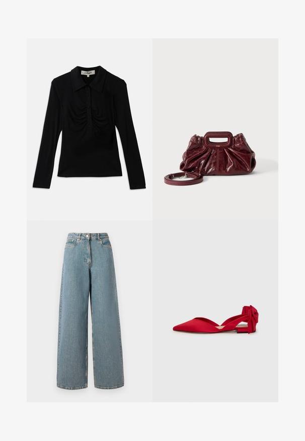 Top negro de manga larga con cuello, que cuenta con una fila de botones y detalles fruncidos en la parte delantera. Tejido suave con un diseño ajustado.; Jeans de denim de tiro alto, de color azul claro, de pierna ancha, con cierre frontal, botón de cierre y bolsillos delanteros.; Zapato destalonado rojo de punta afilada en tela lisa con una correa en el tobillo atada en un lazo. Cuenta con un tacón bajo de bloque y una suela texturizada.; Pequeño bolso de mano de cuero rojo oscuro con textura fruncida, asa rectangular con recorte para la mano y correa de hombro desmontable sobre fondo blanco.