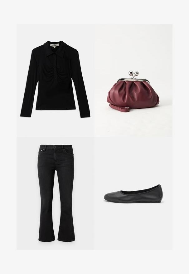 Sort langærmet top med krave, der har en knaplukning og rynkede detaljer foran. Glat stof med en tætsiddende design.; Sort flagrende jeans i denim stof, med et klassisk 5-lomme design, frontlukning med knap og let slid på lårene.; Sort læderballetsko med rund tå, glat tekstur, minimal syning og et fleksibelt såldesign.; Lille bordeauxlæder clutch-pung med sølv metal lukning og håndledsrem på hvid baggrund.