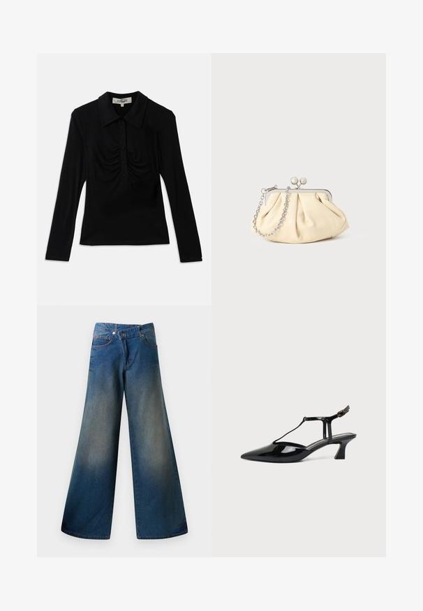 Schwarzes Langarmoberteil mit Kragen, ausgestattet mit einer Knopfleiste und gerafften Details an der Vorderseite. Glattes Material mit tailliertem Design.; Weite blaue Jeans aus Denim mit einem leicht verblassten Finish, sichtbaren Nähten, zwei Fronttaschen und einem Knopfverschluss.; Schwarzer Slipper aus Lackleder mit spitz zulaufender Kappe, T-Riemen und niedrigem, schrägem Blockabsatz vor weißem Hintergrund.; Faltige beigefarbene Ledertasche mit einem silbernen Metallrahmen, ausgestattet mit zwei runden dekorativen Verschlüssen und einem silbernen Kettenriemen.