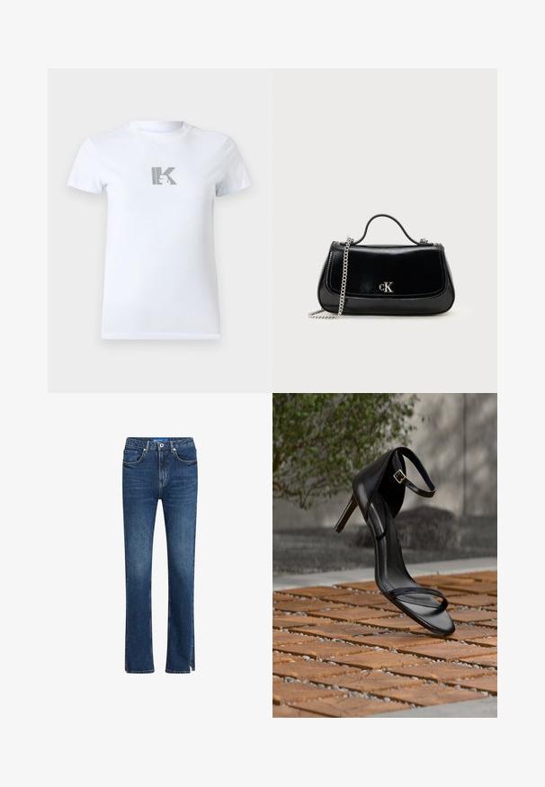 Valge lühikeste varrukatega T-särk, millel on hall "K" logoga, mille keskel on naise pea väike siluett.; Sinine denim'ist valmistatud sirge säärega teksapüksid, viie taskuga, kontrastne õmblus ning külgtaskud hemmi detailideks.; Mustad kõrge kontsaga sandaal pahkluu rihmaga näib rippuvat puidust plaatide põranda kohal õues, taustal udune rohelus ja kivimüür.; Must nagu nahast käekott ahela rihmaga, struktureeritud kuju ja hõbedane logosildiga. Sile tekstuur ning klapiga sulgemine.