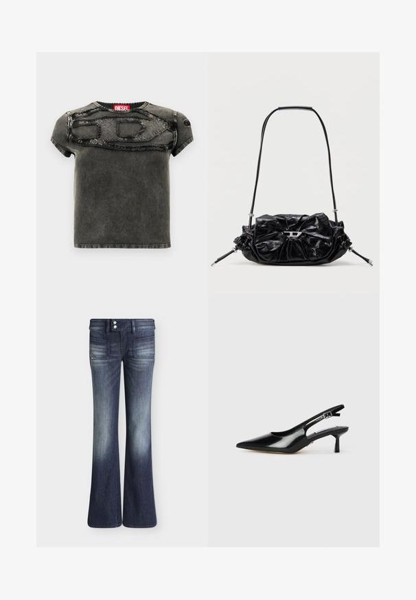 Chemise à manches courtes en jean noir, avec un motif déchiré sur le devant, des accents texturés et un col rond côtelé.; Jean flare bleu foncé délavé avec poches plaquées à l’avant, fermeture à double bouton et passants de ceinture, présenté sur fond blanc.; Escarpins à talons slingback en cuir verni noir avec un bout pointu, un talon fin et une sangle réglable. Texture lisse avec un détail minimal.; Sac à main en cuir noir avec un design froncé et un détail en forme de nœud sur le devant. Dispose d'une poignée courte et d'accents de quincaillerie argentée.