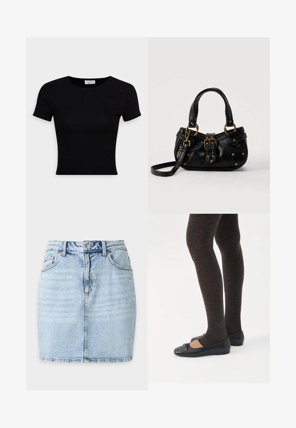 Camiseta negra de manga corta hecha de una suave tela de algodón, con un escote redondo y un diseño ajustado. Minimalista, sin patrones visibles.; Minifalda vaquera azul claro con botón delantero, trabillas, dos bolsillos frontales y costura vertical visible en el centro.; Piernas con leggings oscuros acanalados combinados con bailarinas negras que presentan pequeños detalles de lazo sobre un fondo blanco.; Bolso de cuero negro con hebilla y detalles de remaches dorados, asas cortas y una correa de hombro ajustable sobre un fondo blanco liso.