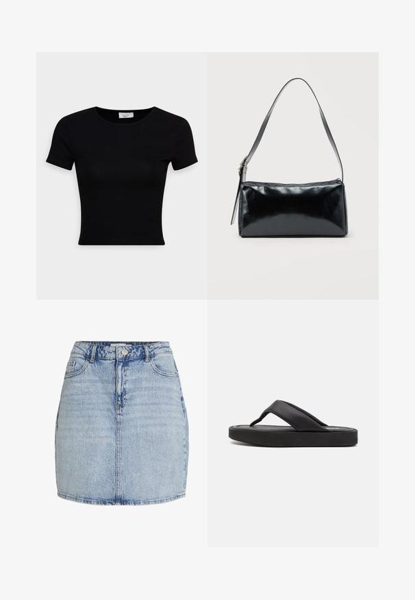 Zwarte korte mouwen t-shirt van gladde katoenstof, met een ronde hals en een getailleerd ontwerp. Minimalistisch zonder zichtbare patronen.; Lichtblauwe denim mini-jurk met een sluiting met knopen en rits aan de voorkant, riemlussen en voorzakken.; Zwarte teenslipper met een brede teenpost en een zachte synthetische bovenkant. Beschikt over een dikke rubberen zool met een gestructureerde voetbed voor grip.; Zwarte rechthoekige schoudertas met een enkele verstelbare band en een bovenste ritssluiting op een effen achtergrond.