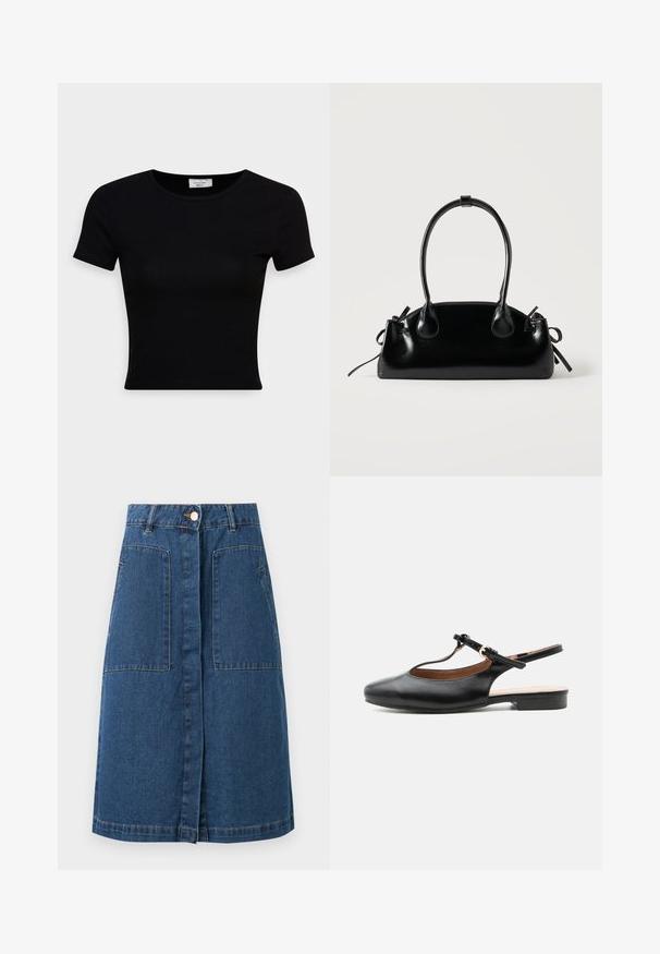 Schwarz, kurzärmliges T-Shirt aus glattem Baumwollstoff, mit rundem Ausschnitt und figurbetontem Schnitt. Minimalistisch ohne sichtbare Muster.; Dunkelblauer Jeansrock knielang mit vorderer Knopfleiste, Gürtelschlaufen und zwei großen vorderen aufgesetzten Taschen.; Schwarzer flacher Lederslingback-Schuh mit T-Riemen und goldener Schnalle auf neutralem Hintergrund.; Kleine schwarze glänzende Handtasche mit zwei langen Griffen und seitlichen Kordelzug-Details vor einfachem hellem Hintergrund.
