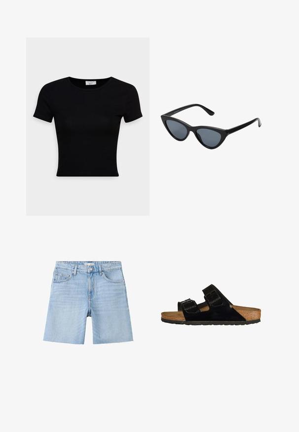 Sort kortærmet t-shirt lavet af glat bomuldsstof, med rund halsudskæring og en tætsiddende pasform. Minimalistisk uden synlige mønstre.; Lyseblå denimshorts med frontknap, lynlås, bæltestropper, to forlommer og rå kanter.; Sorte patentlæder sandaler med to justerbare stropper, korksål og gummisål, der har en glat tekstur og et minimalistisk design.; Sorte katteøje solbriller med mørkegrå linser, slankt plastisk stel, spidse hjørner og lige stænger. Ingen synlig hardware eller dekorationer.