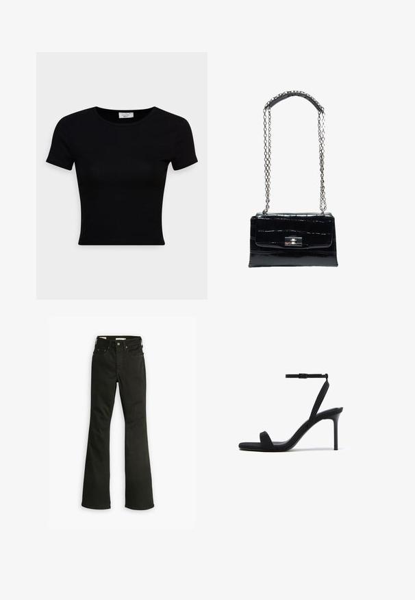 Schwarz, kurzärmliges T-Shirt aus glattem Baumwollstoff, mit rundem Ausschnitt und figurbetontem Schnitt. Minimalistisch ohne sichtbare Muster.; Schwarze Schlagjeans aus Denim. Verfügt über ein klassisches Fünf-Taschen-Design mit Reißverschluss, robuster Naht und sauberem Saum.; Schwarze Sandale mit hohem Absatz, dünnem Knöchelriemen, quadratischer Zehenpartie und Stöckelabsatz vor weißem Hintergrund.; Schwarze Handtasche aus Krokodilleder mit silbernem Drehverschluss und langem silbernem Kettenriemen mit Leder-Schulterpolster.