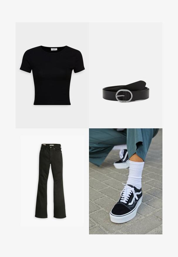 Schwarz, kurzärmliges T-Shirt aus glattem Baumwollstoff, mit rundem Ausschnitt und figurbetontem Schnitt. Minimalistisch ohne sichtbare Muster.; Schwarze Schlagjeans aus Denim. Verfügt über ein klassisches Fünf-Taschen-Design mit Reißverschluss, robuster Naht und sauberem Saum.; Schwarze Wildledersneaker mit weißen Akzenten und Schnürsenkeln, ausgestattet mit einer dicken weißen Sohle und kontrastierenden Nähten, kombiniert mit einer weißen Socke.; Schwarzer Leder-Gürtel mit einer runden silbernen Schnalle. Hat eine glatte Textur und ein minimalistisches Design, mit einer klaren Kante und ohne sichtbare Muster.