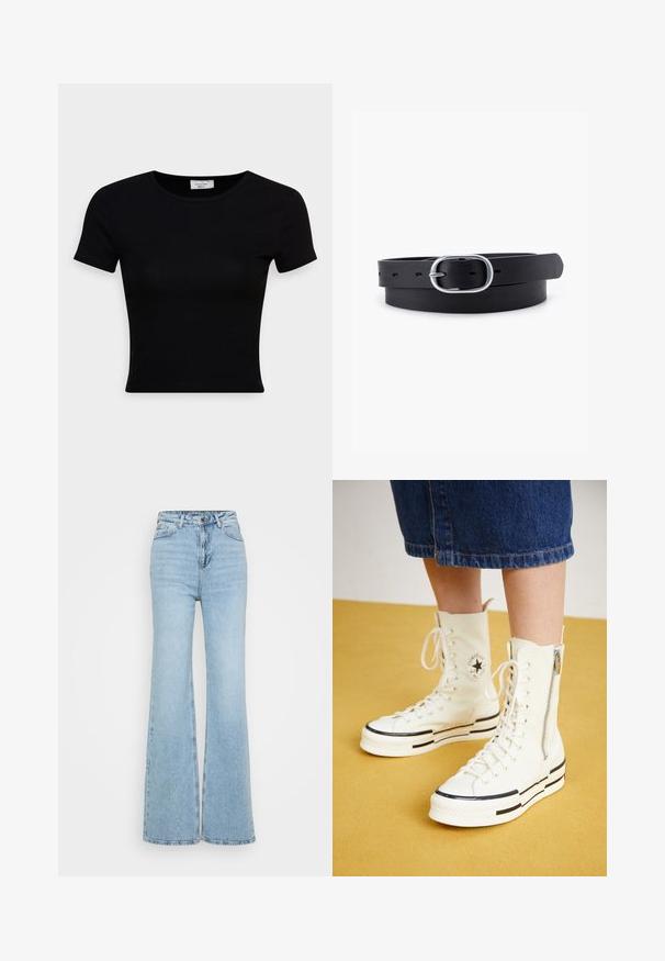 Musthave musta lühikeste varrukatega T-särk, mis on valmistatud siledast puuvillakangast, ümarama kaelusega ja sobiva lõikega. Minimalistlik, ilma nähtavate mustriteta.; Heledad sinine teksapüksid, millel on kõrge vöökohaga, viie taskuga disain ja toore serv all. Tekstuur on veidi kulunud.; Valged kõrge säärega tossud, millel on lukuga sulgemine, paelad ja mustad triibud paksul tallal. Tekstureeritud kangast materjal.; Must musträbel mustra nahkrihm, millel on siledat tekstuuri, ovaalne hõbedane metallist pandla ja mitmed reguleerimisaugu rihma ääres. Lame, minimaalne disain.