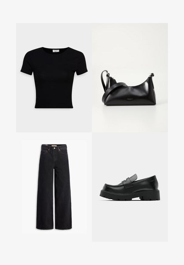 Sort kortærmet t-shirt lavet af glat bomuldsstof, med rund halsudskæring og en tætsiddende pasform. Minimalistisk uden synlige mønstre.; Sorte brede benjeans lavet af denim, med fem lommer, kobbernitter og en klassisk knaplukning. Glat tekstur med et rent design.; Sorte læder loafers med en chunky tekstureret sål, der har en rem over vamps og en glat, poleret finish.; Sort læderhåndtaske med en glat tekstur. Har en justerbar stropp og et enkelt, minimalistisk design med lynlås.