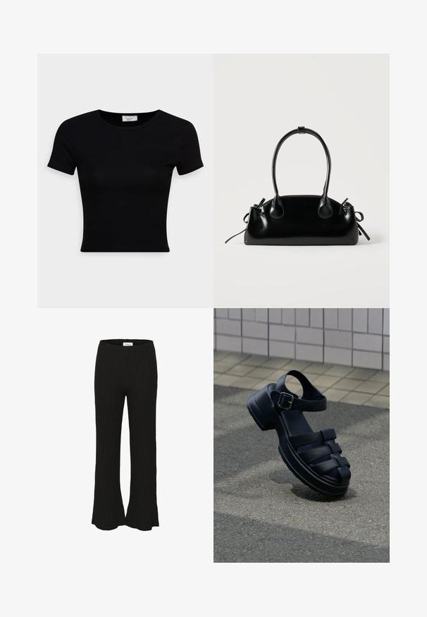 Musthave musta lühikeste varrukatega T-särk, mis on valmistatud siledast puuvillakangast, ümarama kaelusega ja sobiva lõikega. Minimalistlik, ilma nähtavate mustriteta.; Mustad ribilised püksid flare-hemiga, millel on kõrge vöökoht. Tekstuur näib olevat pehme ja elastne, sobib igapäevaseks kandmiseks.; Mustast nahast sandaal suletud varbaga, pahkluu rihm, metallist pandlaga, jämeda tallaga, puhkab hallil kõnniteel plaaditud seina lähedal.; Väike must läikiv käekott kahe pika sangaga ja külgedel paelakinnitustega, ühel lihtsal helel taustal.