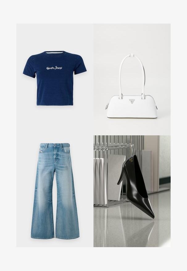 Marineblå t-shirt med korte ærmer, lavet af bomuld, med "Guess Jeans" logo i hvid skrifttype henover brystet, samt rund halsudskæring.; Lysblå denim jeans med brede ben, let falming og slid på forlommer, knaplukning og bæltestropper.; Sort højhælet sko med spids tå og guldlogo, placeret på en reflekterende overflade nær en krom trådfilholder med dokumenter.; Hvid lædertaske med en buet form, der har et sølvtrapezlogo og lynlåslukning. Glat tekstur og dobbelthåndtag.