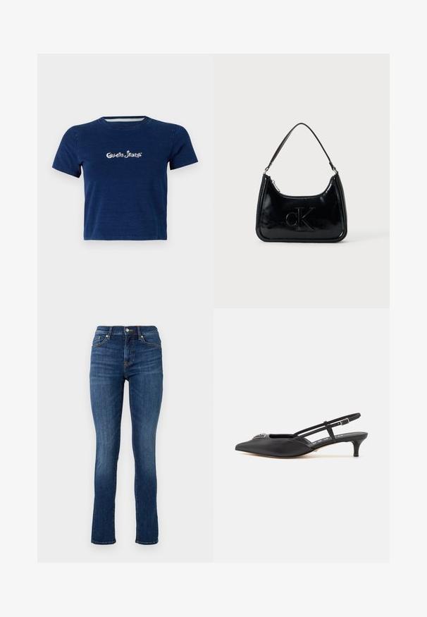 Marineblå t-shirt med korte ærmer, lavet af bomuld, med "Guess Jeans" logo i hvid skrifttype henover brystet, samt rund halsudskæring.; Mørkeblå skinny jeans lavet af denim, med en standard talje, frontlommer og diskrete syninger.; Sorte slingback-sko med spids tå, lavet af glat materiale, med en lille hæl og en dekorativ sølvaccent på vamps.; Sort patentlæder håndtaske med et buet topgreb, lynlåsslukning og prægede "cK" logo på fronten. Glat tekstur, struktureret form.