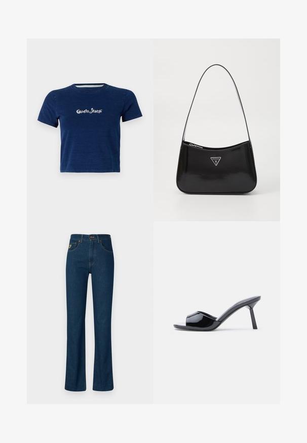 Laivansininen lyhythihainen t-paita, joka on valmistettu puuvillasta ja jossa on valkoisella skriptillä "Guess Jeans" -logo rinnassa, sekä pyöreä pääntie.; Tummansiniset farkut suoran lahkeen tyylillä, jossa on napitus, kontrastivärinen ommel ja etutasku, jossa on pieni logo-osa.; Musta kiiltävä patenttinahasta valmistettu avokärkinen korkokenkä, jossa on käyrä yläosa ja kapeneva piikkikorko. Sileä kiiltävä pinta.; Mustan lakatun nahka olkalaukku kaarevalla muodolla, jossa on hopeinen kolmion logo ja vetoketjusuljenta. Tasainen pinta ja kapea hihna.