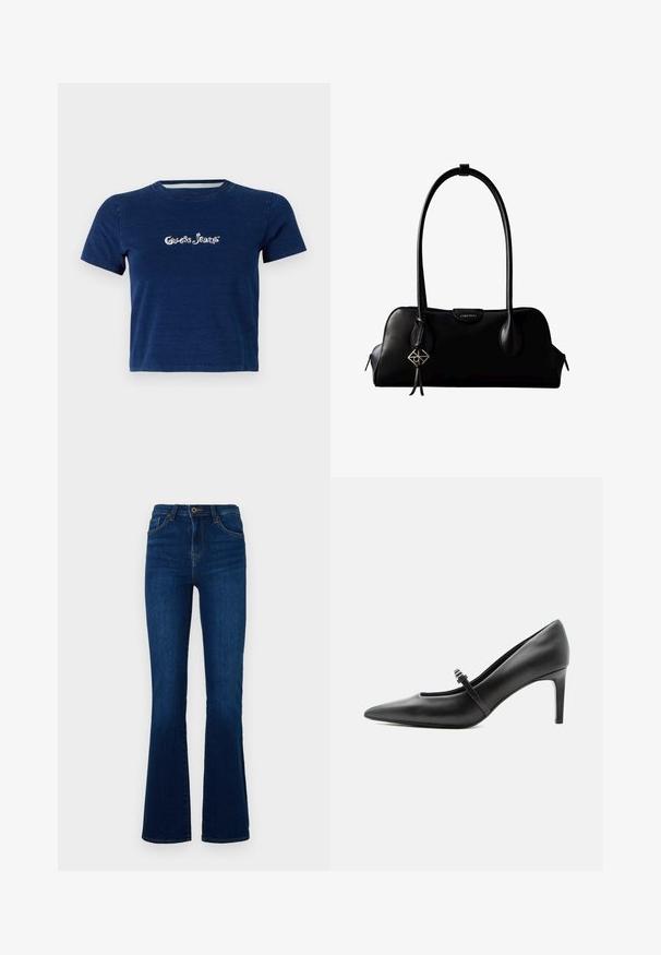 Marineblå t-shirt med korte ærmer, lavet af bomuld, med "Guess Jeans" logo i hvid skrifttype henover brystet, samt rund halsudskæring.; Mørkeblå flared jeans lavet af denim med høj talje, der har forlommer, lynlås og subtile syninger.; Sort læderspids højhælede sko med tynd rem og spænde over vristen, stående på en neutral lys baggrund.; Sort lædertaske fra Calvin Klein med lange håndtag, en forside-logo-tag og en sølv geometrisk vedhæng, der hænger fra det ene håndtag.