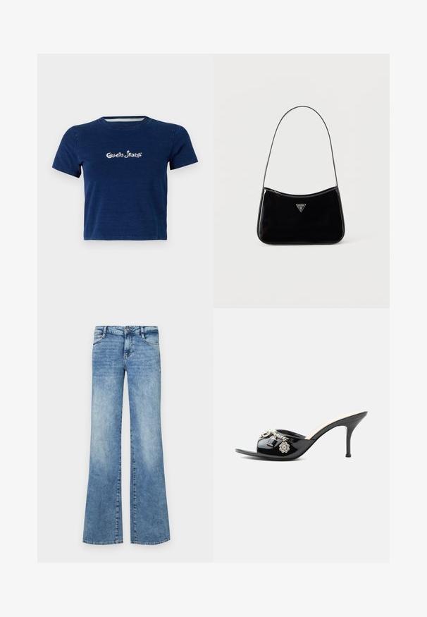 Navyblauwe T-shirt met korte mouwen, gemaakt van katoen, met het "Guess Jeans" logo in witte schrift over de borst, met een ronde hals.; Lichtblauwe uitlopende jeans van denim. Voorzien van een knoopsluiting, vijf zakken en vervaagde details voor een versleten uitstraling.; Zwarte lakleren mule met hoge hak, open teen en decoratieve zilveren bedels, waaronder een bloem en hangslot op de voorste band.; Zwarte schoudertas van lakleer met een smalle band, driehoekig Guess-logo aan de voorkant en een ritssluiting bovenaan.