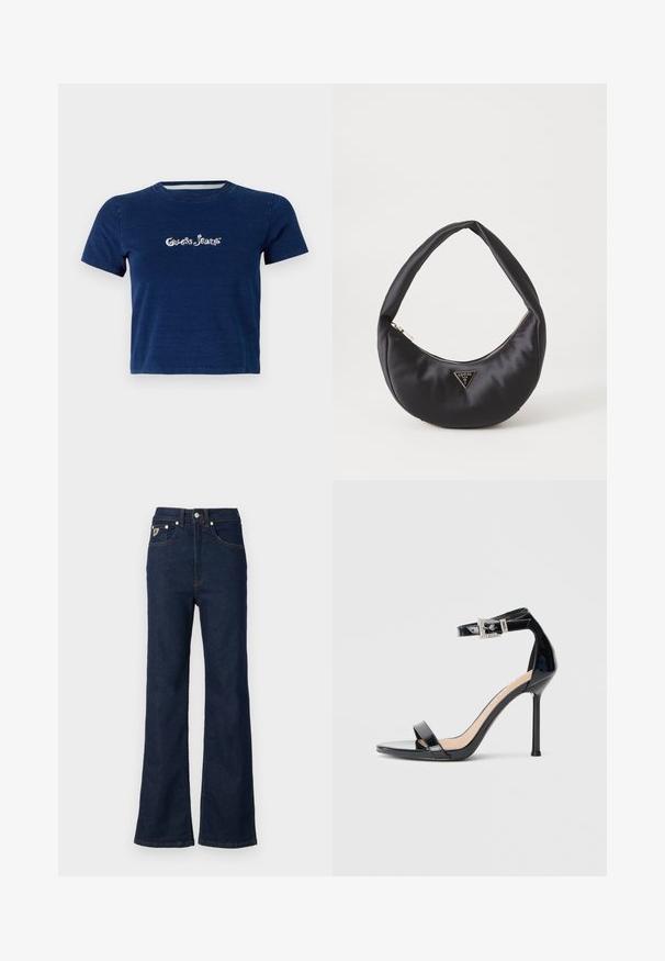 Navyblauwe T-shirt met korte mouwen, gemaakt van katoen, met het "Guess Jeans" logo in witte schrift over de borst, met een ronde hals.; Donkerblauwe flared jeans van denim, met een hoge taille, vijf zakken en contrasterende oranje stiksels. Inclusief metalen knoopsluiting.; Zwarte sandalen met hoge hak van lakleer en een enkelriempje. Heeft een minimalistisch ontwerp, open teen en een gesp met strass-steentjes.; Zwarte satin handtas met een gebogen vorm, voorzien van een ritssluiting en een driehoekig metalen logo aan de voorkant. Gladde textuur en een slank ontwerp.
