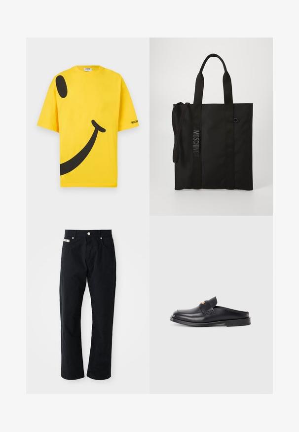 T-shirt en coton jaune avec un grand motif de smiley noir, coupe oversize et logo sur la manche. Texture douce et manches courtes.; Pantalon noir en coton avec une coupe droite, cinq poches, quincaillerie en argent et une finition texturée subtile.; Chaussure noire en cuir à enfiler avec un bout rond, un petit talon et des détails en tissage sur le dessus. Elle présente un style minimaliste et une texture lisse.; Sac fourre-tout noir en matériau durable avec des poignées courtes et une bandoulière réglable. Présente un logo en relief le long de la bandoulière.