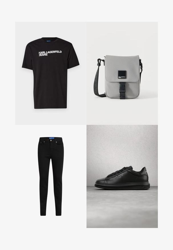 Zwarte katoenen T-shirt met korte mouwen en ronde halslijn, met diagonaal over de voorkant in witte tekst "KARL LAGERFELD JEANS".; Zwarte skinny jeans van denim, met een vijf-pocket ontwerp, knoopsluiting en contrasterend blauw label op de tailleband.; Persoon die zwarte Karl Lagerfeld sneakers draagt met een zwarte broek, staand op een houten parketvloer tegen een witte gepaneelde muur.; Grijze crossbodytas met zwarte verstelbare band, voorflap beveiligd met een zwarte gesp, met een vierkante Karl Lagerfeld Jeans logo patch.