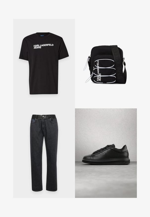 Schwarzes Baumwoll-T-Shirt mit kurzen Ärmeln und rundem Halsausschnitt, mit weißem Text "KARL LAGERFELD JEANS" diagonal über die Vorderseite.; Schwarze Jeans aus Denim mit geradem Schnitt, ausgestattet mit einem glatten Lederbund, Vorderaschen und dezenten Steppnähten.; Person trägt schwarze Karl Lagerfeld Sneakers mit schwarzer Hose und steht auf einem Holzdielenboden vor einer weißen vertäfelten Wand.; Schwarze Umhängetasche mit weißen elastischen Schlaufen, Reißverschlüssen und weißem "KARL LAGERFELD JEANS"-Schriftzug auf der Vorderseite.