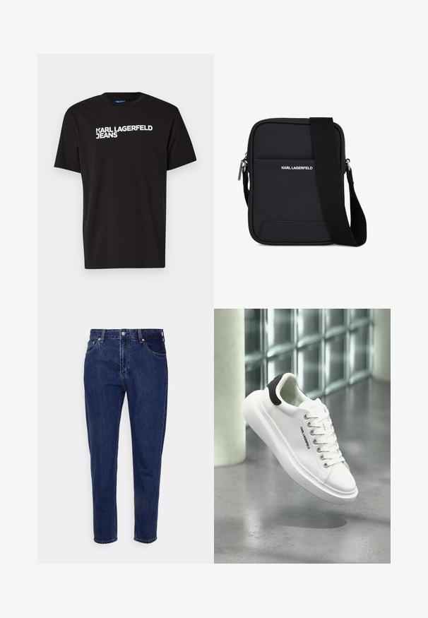 T-shirt en coton noir à manches courtes et col rond, arborant le texte blanc "KARL LAGERFELD JEANS" en diagonale sur le devant.; Jean droit en denim bleu foncé avec fermeture à bouton et zip à l'avant, passants pour ceinture, poches avant et arrière.; Baskets basses blanches à semelle épaisse, avec languette de talon noire, devant à lacets, et logo "KARL LAGERFELD" sur le côté, flottant au-dessus d'un sol gris.; Sac bandoulière rectangulaire noir avec sangle réglable, poche avant et logo "KARL LAGERFELD" en texte blanc.