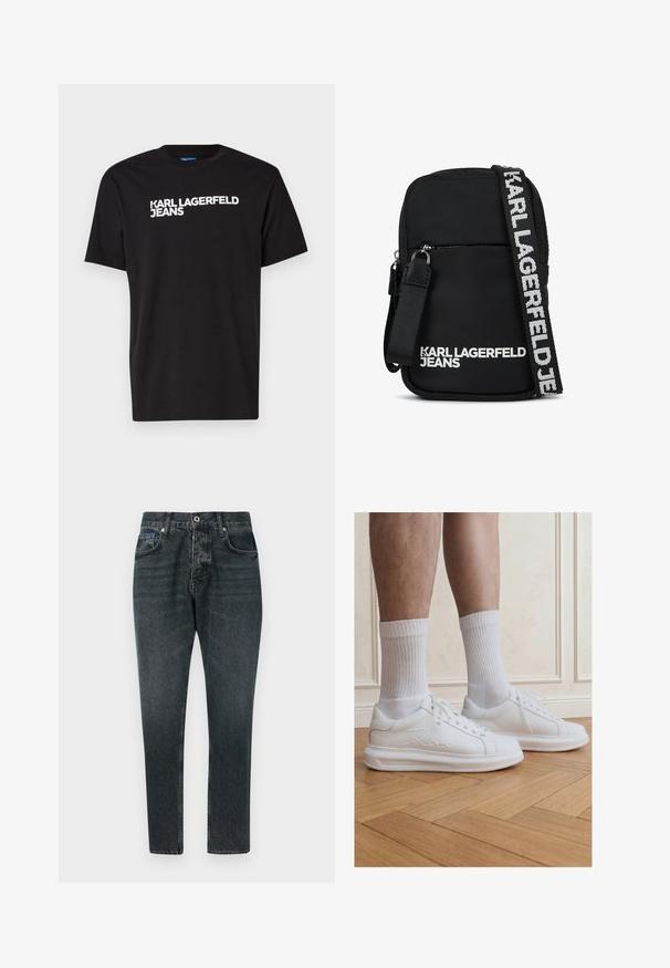 Camiseta de algodón negra con mangas cortas y escote redondo, con el texto blanco "KARL LAGERFELD JEANS" en diagonal en el frente.; Jeans de mezclilla gris oscuro con un diseño de pierna recta, cinco bolsillos, cierre de botón y un ligero desgaste. Hechos de algodón con una textura suave.; Piernas con calcetines blancos acanalados y zapatillas blancas Karl Lagerfeld, de pie sobre un suelo de parquet de madera clara.; Bolso cruzado de tela negra con forma rectangular, que cuenta con un bolsillo frontal con cremallera y una bandolera con logo en blanco en contraste.