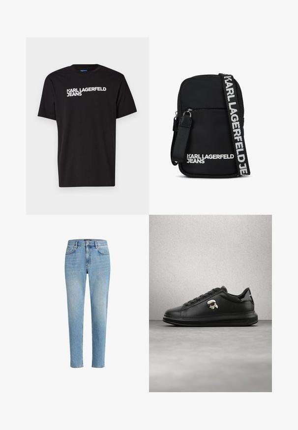 Čierne bavlnené tričko s krátkymi rukávmi a okrúhlym výstrihom, s bielym textom "KARL LAGERFELD JEANS" diagonálne napísaným na prednej strane.; Svetlomodré džínsy s uvoľneným strihom, päť vrecúškovým dizajnom a jemným efektom opotrebovania. Obsahujú označkovanú nášivku pri páse.; Osoba nosiaca čierne kožené nohavice a čierne tenisky s malým doplnkom s postavičkou z rozprávky na boku, stojaca na drevenej podlahe.; Čierna látková crossbody taška s obdlžníkovým tvarom, so zipsovým predným vreckom a kontrastným logom na remienku v bielej farbe.