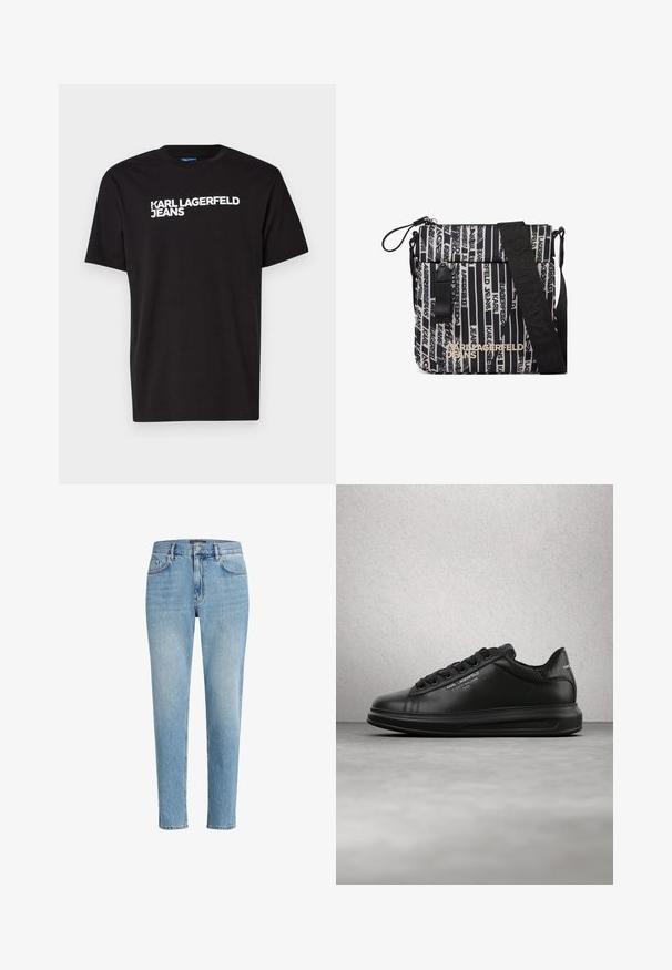 Camiseta de algodón negra con mangas cortas y escote redondo, con el texto blanco "KARL LAGERFELD JEANS" en diagonal en el frente.; Jeans de mezclilla azul claro con un ajuste relajado, diseño de cinco bolsillos y un ligero desgaste. Presenta una etiqueta de marca cerca de la cintura.; Persona que lleva zapatillas negras Karl Lagerfeld con pantalones negros, de pie sobre un suelo de parquet de madera contra una pared blanca con paneles.; Bolso bandolera con rayas verticales negras y beige y texto repetido "Karl Lagerfeld Jeans", correa negra ajustable y bolsillo frontal con cremallera.
