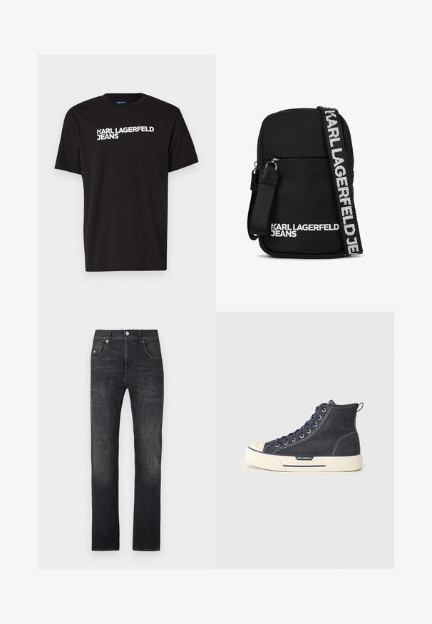 Čierne bavlnené tričko s krátkymi rukávmi a okrúhlym výstrihom, s bielym textom "KARL LAGERFELD JEANS" diagonálne napísaným na prednej strane.; Tmavomodré rifľové nohavice so strihom rovného strihu, s piatimi vreckami, zapínaním na gombík a jemnými vyblednutými detailmi pozdĺž nôh.; High-top tenisky vyrobené z tmavého denimu s krémovou gumovou podrážkou, s námorníckymi šnúrkami a zadným úchytom. Logo na boku.; Čierna látková crossbody taška s obdlžníkovým tvarom, so zipsovým predným vreckom a kontrastným logom na remienku v bielej farbe.