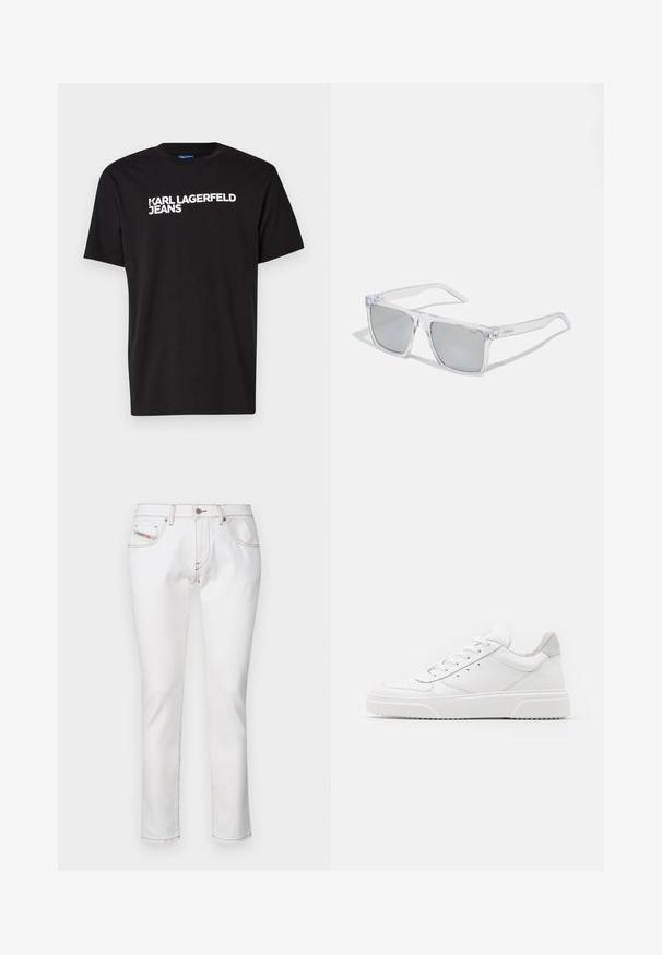 T-shirt en coton noir à manches courtes et col rond, arborant le texte blanc "KARL LAGERFELD JEANS" en diagonale sur le devant.; Diesel Jean slim - white; Des baskets en cuir blanc avec une finition lisse, un bout rond, des lacets plats et une semelle texturée. Accents en daim gris au niveau du talon.; HUGO Lunettes de soleil - crystal