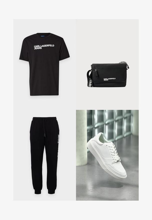 Must must t-särk lühikeste varrukatega ja ümmarguse kaelusega, millel on diagonaalselt esiküljel valge tekst "KARL LAGERFELD JEANS".; Mustmustooted mustad sportsikut, mis on valmistatud pehmest kangast, elastse vöökoha ja tõmbluku ning kitseneva lõikega jalgadega, mille küljes on logo.; Valge nahast vabaajajalanõu ümara ninaga, paeltega ees ja tasase kummitaldaga. Omaduseks on perforatsioonid ja peen logo.; Mustast siledast nailonist postikott. Varustatud reguleeritava rihma, esiküljel lukust takga ja valge trükitud logoga. Ristkülikukujuline minimalistliku disainiga.