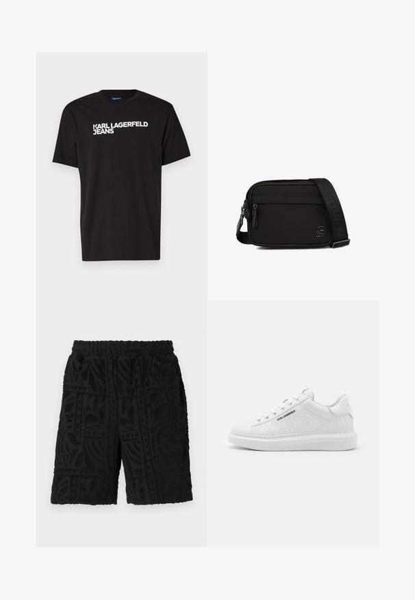 Must must t-särk lühikeste varrukatega ja ümmarguse kaelusega, millel on diagonaalselt esiküljel valge tekst "KARL LAGERFELD JEANS".; Must have tekstuuriga mustad lühikesed püksid, millel on reljeefne lehe muster, elastne vöökoht ja küljetaskud. Lõbus disain ja keskmise reie pikkus.; Valged sneakerid, mis on valmistatud siledast nahast ja millel on reljeefne muster. Omab ümmargust varvasekambrit, nööpide ja paeltega esiosa ning tekstuurset tallaosa. Külje peal on hõbedane logo detail.; Mustakujuline rihmaga käsipõhukott, mille esiküljel on lukuga tasku, reguleeritav kaubamärgiga õlarihm ja väike külglogo embleem.
