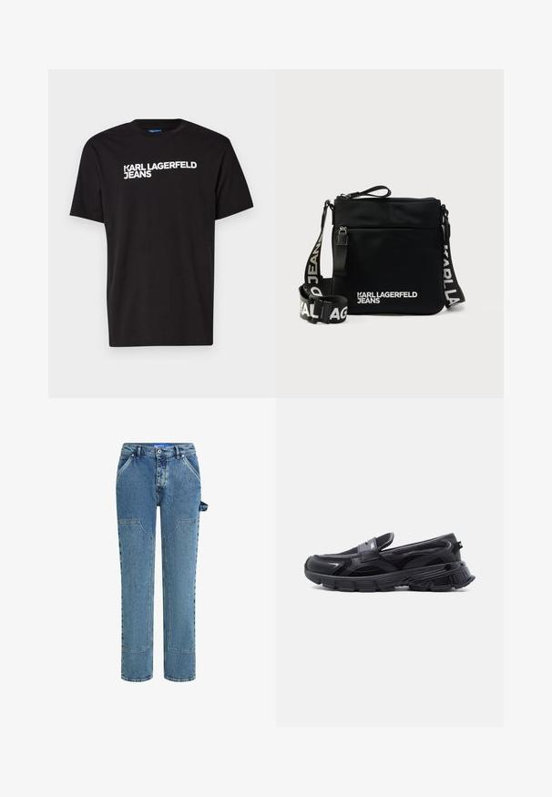 Camiseta de algodón negra con mangas cortas y escote redondo, con el texto blanco "KARL LAGERFELD JEANS" en diagonal en el frente.; Jeans de mezclilla azul con un diseño de pierna recta, que cuentan con parches en contraste, dos bolsillos frontales y un detalle de lazo visible en el lado.; Zapatilla negra sin cordones con suela gruesa y texturizada y paneles de malla, diseñada para uso casual y deportivo.; Bolso bandolera negro de nailon con cierre de cremallera, con una correa con logo y texto blanco "KARL LAGERFELD JEANS" en el frente. Superficie texturizada.
