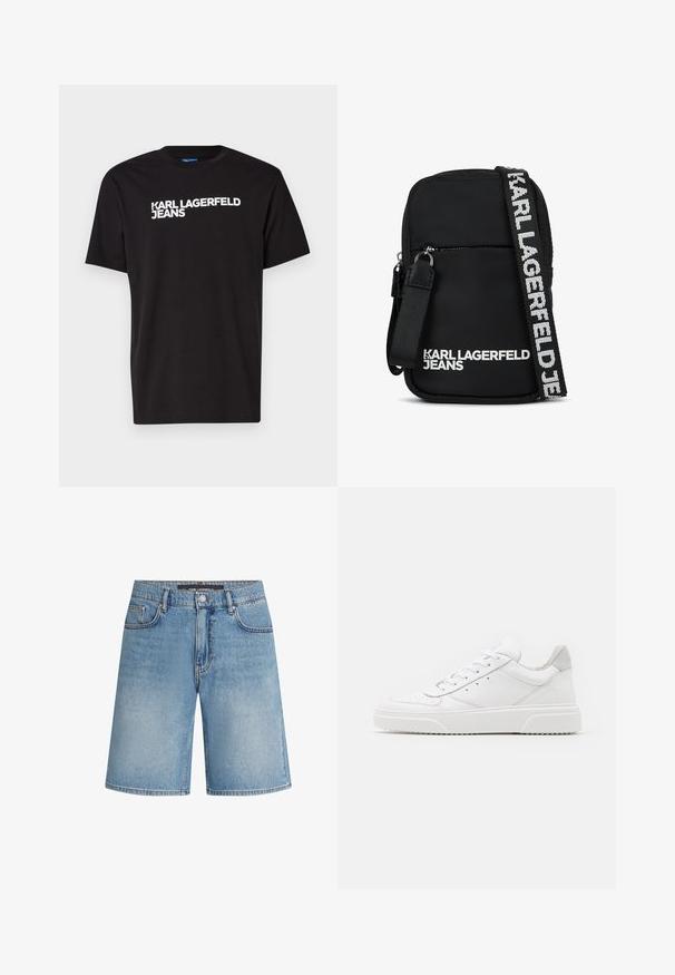 Čierne bavlnené tričko s krátkymi rukávmi a okrúhlym výstrihom, s bielym textom "KARL LAGERFELD JEANS" diagonálne napísaným na prednej strane.; Džínsové šortky vo svetlom odtieni modrej, s klasickým strihom, piatimi vreckami a kontrastným prešitím. Dokončené štandardným pásom a zatváraním na gombík.; Biele kožené tenisky s hladkým povrchom, zaoblenou špičkou, plochými šnúrkami a textúrovanou podrážkou. Sivý semišový akcent na päte.; Čierna látková crossbody taška s obdlžníkovým tvarom, so zipsovým predným vreckom a kontrastným logom na remienku v bielej farbe.