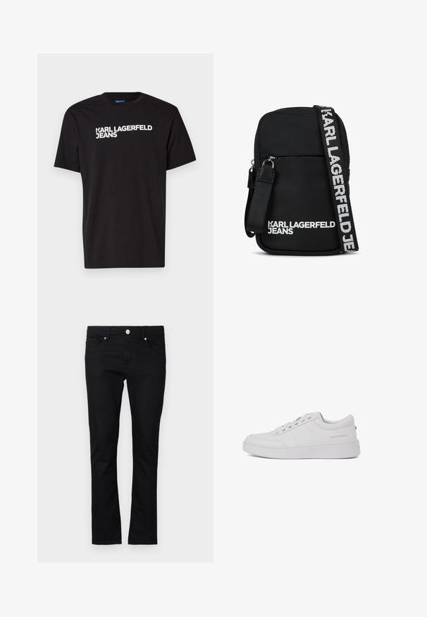 Camiseta de algodón negra con mangas cortas y escote redondo, con el texto blanco "KARL LAGERFELD JEANS" en diagonal en el frente.; Jeans de mezclilla negra con un corte ajustado, diseño de pierna recta, estilo de cinco bolsillos y cierre de botón metálico, con detalles de costura mínimos.; Zapatillas de cuero blanco con un diseño clásico de corte bajo, suela plana y un sutil logo de la marca en el talón. Cuenta con cinco ojales metálicos para los cordones.; Bolso cruzado de tela negra con forma rectangular, que cuenta con un bolsillo frontal con cremallera y una bandolera con logo en blanco en contraste.