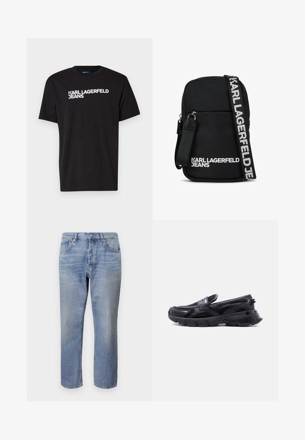 Schwarzes Baumwoll-T-Shirt mit kurzen Ärmeln und rundem Halsausschnitt, mit weißem Text "KARL LAGERFELD JEANS" diagonal über die Vorderseite.; Helle blaue Jeans mit geradem Schnitt, fünf Taschen, sichtbaren Nähten und einem Knopfverschluss an der Taille.; Schwarzer Slip-On-Sneaker mit dicker, strukturierter Sohle und Mesh-Einsätzen, entworfen für Freizeit- und Sportkleidung.; Schwarze Stoff-Crossbody-Tasche mit rechteckiger Form, ausgestattet mit einer Reißverschlusstasche an der Vorderseite und einem kontrastierenden Logo-Gurt in Weiß.