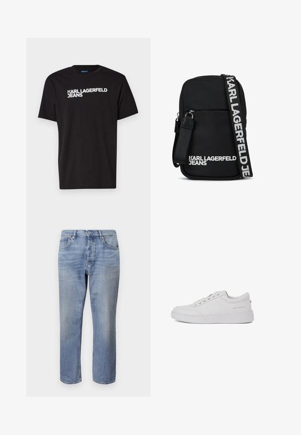 Čierne bavlnené tričko s krátkymi rukávmi a okrúhlym výstrihom, s bielym textom "KARL LAGERFELD JEANS" diagonálne napísaným na prednej strane.; Svetlomodré džínsy s rovnými nohavicami, dizajnom s piatimi vreckami, viditeľným šitím a zapínaním na gombík v páse.; Biele kožené tenisky s klasickým nízkym strihom, plochou podrážkou a diskrétnym logom značky na päte. Obsahujú päť kovových očiek na šnúrky.; Čierna látková crossbody taška s obdlžníkovým tvarom, so zipsovým predným vreckom a kontrastným logom na remienku v bielej farbe.