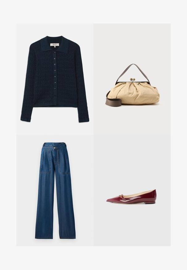 Marine gebreide cardigan met een textuurpatroon, knoopsluiting aan de voorkant en een contrasterende kraag. Beschikt over lange mouwen en een geribbelde zoom.; Donkerblauwe wijde jeans van denim, met twee voorzakken, een knoopsluiting en contrasterende oranje stiksels.; Bordeaux patent leren ballerina's met een puntige neus, voorzien van een klein uitsnijdetail en een lage hak. Glad textuur en een slank ontwerp.; Beige stoffen tas met een geplooid ontwerp, bruine leren handgreep en twee ronde metalen sluitingen aan de bovenkant. Inclusief verstelbare bruine riem.