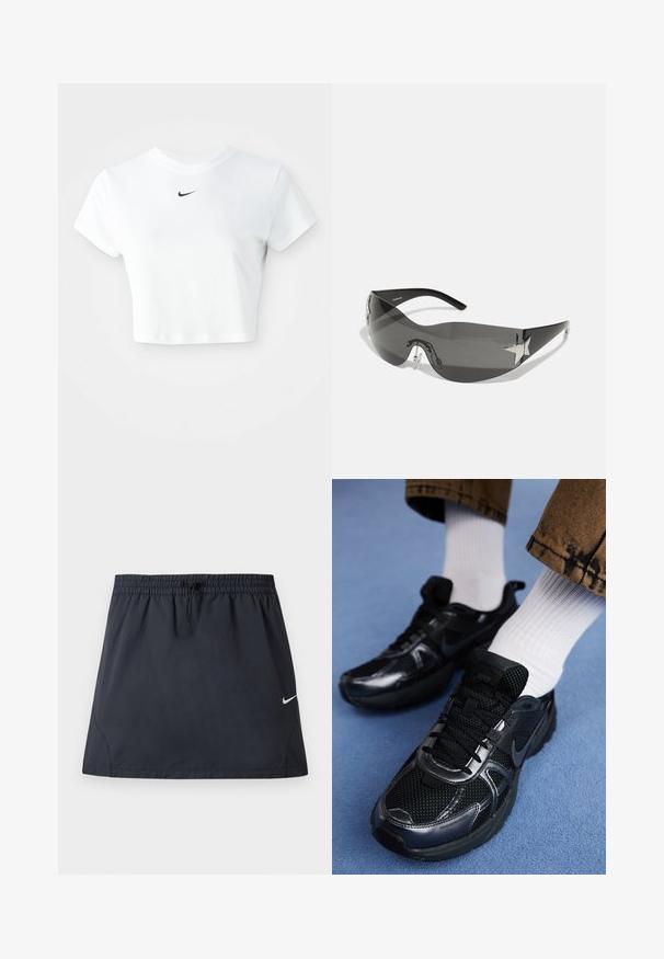 Hvid kortærmet t-shirt lavet af bomuld, med korte ærmer og rund halsudskæring, og med et sort Nike-logo på brystet.; Sort atletisk nederdel med elastisk taljebånd og justerbar snøre, med en lille hvid Nike swoosh-logo på højre side.; Sorte Nike-sneakers med mesh og syntetisk materiale, der har en struktureret overdel, sorte snørebånd og holdbare gummisåler. Hvide ribstrikkede sokker er synlige.; Sorte solbriller med wrap-around design, mørktonede linser, skinnende stjerneformede detaljer og justerbare næsepuder.