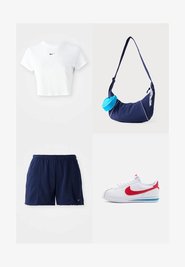 Witte cropped T-shirt van katoen, met korte mouwen en een ronde halslijn, voorzien van een zwart Nike-logo op de borst.; Marineblauwe sportshorts gemaakt van zachte stof met een elastische tailleband; voorzien van zijzakken en een klein zilveren logo op de zoom.; Witte sneaker met een rode swoosh, blauwe accenten op de zool en witte veters. Gefesteerde bovenkant met gestikte details. Klassiek ontwerp.; Donkerblauwe schoudertas met lange riem, witte biesdetails, een kleine felblauwe pouch bevestigd en witte kantversiering aan de zijkant.