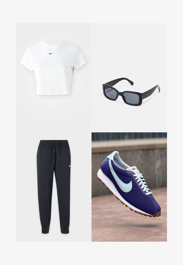Hvid kortærmet t-shirt lavet af bomuld, med korte ærmer og rund halsudskæring, og med et sort Nike-logo på brystet.; Sorte Nike joggingbukser med elastisk talje og snøre, tilspidsede ben, manchetter ved anklerne og lille hvid Nike swoosh på højre lår.; Lilla Nike sneakers med lyseblå swoosh, hvide snørebånd og gummisål, der svæver over en betonoverflade udendørs.; Sorte rektangulære solbriller med mørkt tonede linser, tyk plastramme og brede stænger. Glat overflade og kantet design.