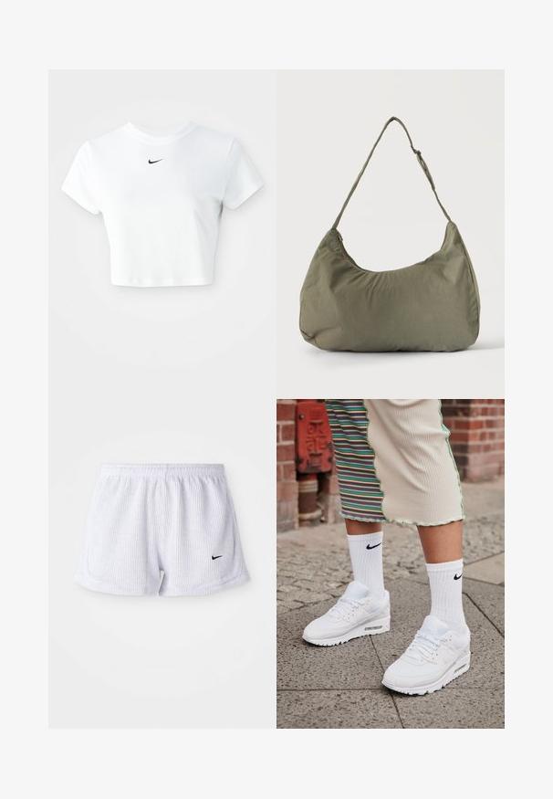 T-shirt blanc court en coton, avec des manches courtes et un col rond, orné d'un logo Nike noir sur la poitrine.; Shorts de sport blancs à côtes avec une taille élastique et un petit logo Nike noir en bas à gauche. Design simple et minimaliste.; Baskets Nike Air Max 90 blanches avec une tige en maille et cuir, dotées d'une unité d'air visible, accompagnées de chaussettes blanches côtelées avec un logo noir.; Sac à épaule en tissu doux vert olive avec fermeture éclair et bandoulière réglable sur un fond uni clair.