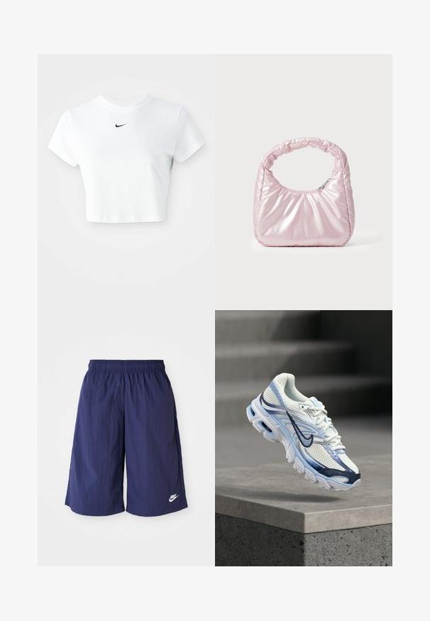 Valge lühikeste varrukatega puuvillane lühike t-särk ümarate kaelustega, millel on rinna peal must Nike logo.; Tumedane sinine Nike'i lühikesed püksid elastse vöökohtaga, valmistatud kergest ja siledast kangast, millel on alumises servas väike valge logo.; Valge ja helesinine spordijalats tumelilla Swooshi logoga, hõljuv halli betoonploki kohal.; Roosa, polsterdatud käekott ümmarguse disainiga, valmistatud läikivast materjalist. Omab kogutud käepidet ja lukuga sulgemist, et tagada turvaline ligipääs.