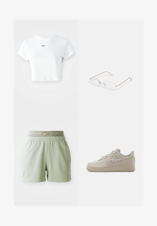 Valkoinen lyhythihainen puuvillapaita, jossa on pyöreä kaula-aukko ja musta Nike-logo rinnassa.; Vaaleanvihreät puuvillashortsit, joissa on elastinen vyötärö ja valkoinen Nike-logo sekä "sportswear"-teksti. Pehmeä rakenne, löysä malli ja yksinkertainen muotoilu.; Beigen värinen matalavartinen nahkainen lenkkari, jossa on niittejä Nike Swoosh -logossa, rei’itetty kärki ja paksu kumipohja, jossa on sivulla merkintä "AIR".; Kultaiset metalliset silmälasit, joissa on ovaalit linssit, kapeat tangot ja läpinäkyvät nenätyynyt. Ominaisuuksiin kuuluvat hienovaraiset saranaakkoset ja läpinäkyvät linssit.