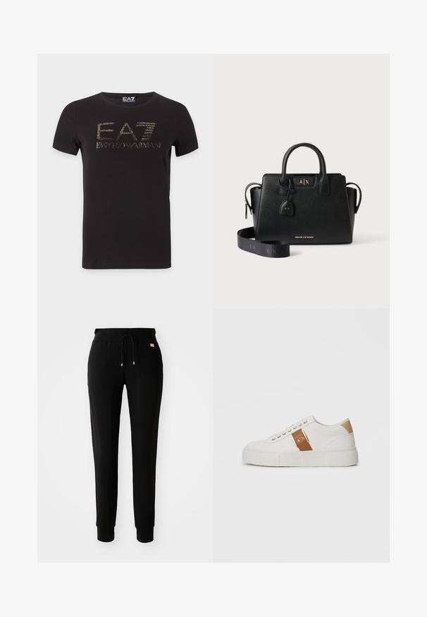 Sort T-shirt med korte ærmer med guldt EA7 Emporio Armani logo centreret på brystet mod en hvid baggrund.; Sorte tapered sweatpants med snøre i taljen og manchetter ved anklerne, præsenteret på en simpel hvid baggrund.; Hvide lavtop sneakers med beige hælpatch, brun læderrem med guldlukning og A|X brand, samt præget Armani Exchange sål.; Sort lædertaske fra Armani Exchange med to håndtag, en aftagelig skulderrem og gyldne logodetaljer på fronten og mærket.