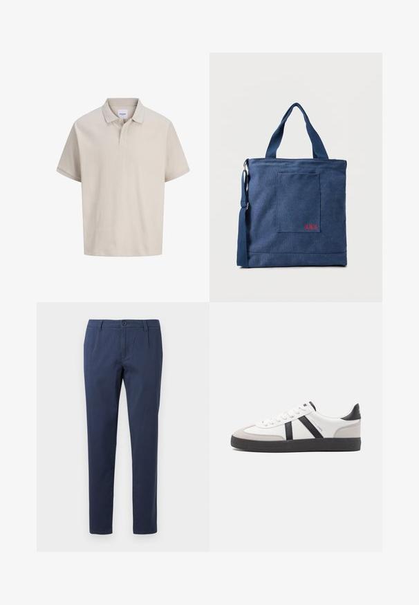 Beige poloshirt met korte mouwen, subtiele verticale strepen, een klassieke kraag en een twee knopen sluiting.; Marineblauwe broek van lichtgewicht stof, met een frontale knoopsluiting, twee zijzakken en een recht gesneden ontwerp.; Witte sneaker met zwarte en grijze accenten, voorzien van een grijze neus met textuur, zwarte rubberen zool en platte witte veters. Schoon ontwerp, minimalistische stijl.; Blauwe canvas tas met voorvak en rode "O.N.S" borduring, voorzien van dubbele handvatten en een verstelbare schouderriem.